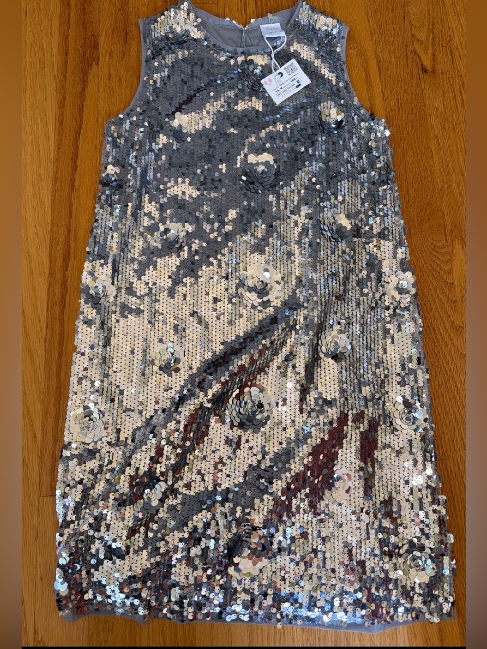 Zara Girls Silver Sequin Floral Appliqué Lined Holiday Party Dress Sleeveless